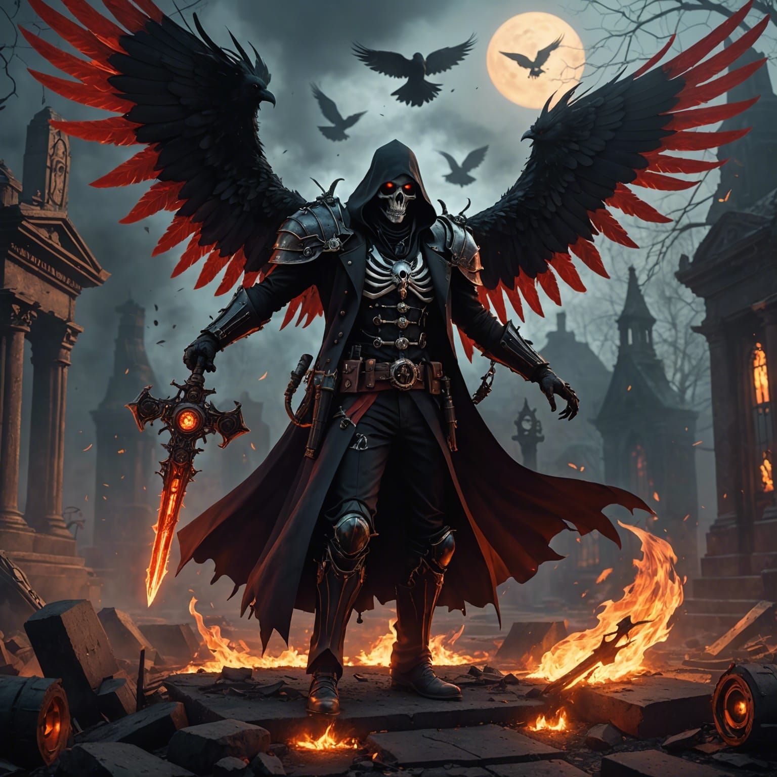 Steampunk Reaper with Crow in Graveyard