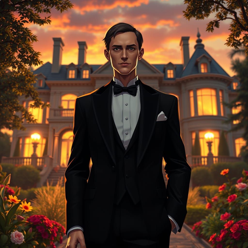 Elegant Gatsby Stands Before Grand Long Island Mansion