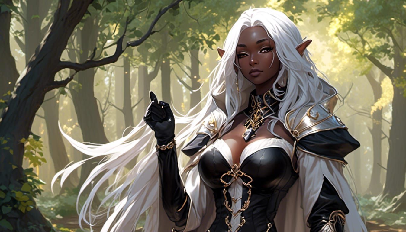 Anime Elf Sorceress in Forest with Silver Hair