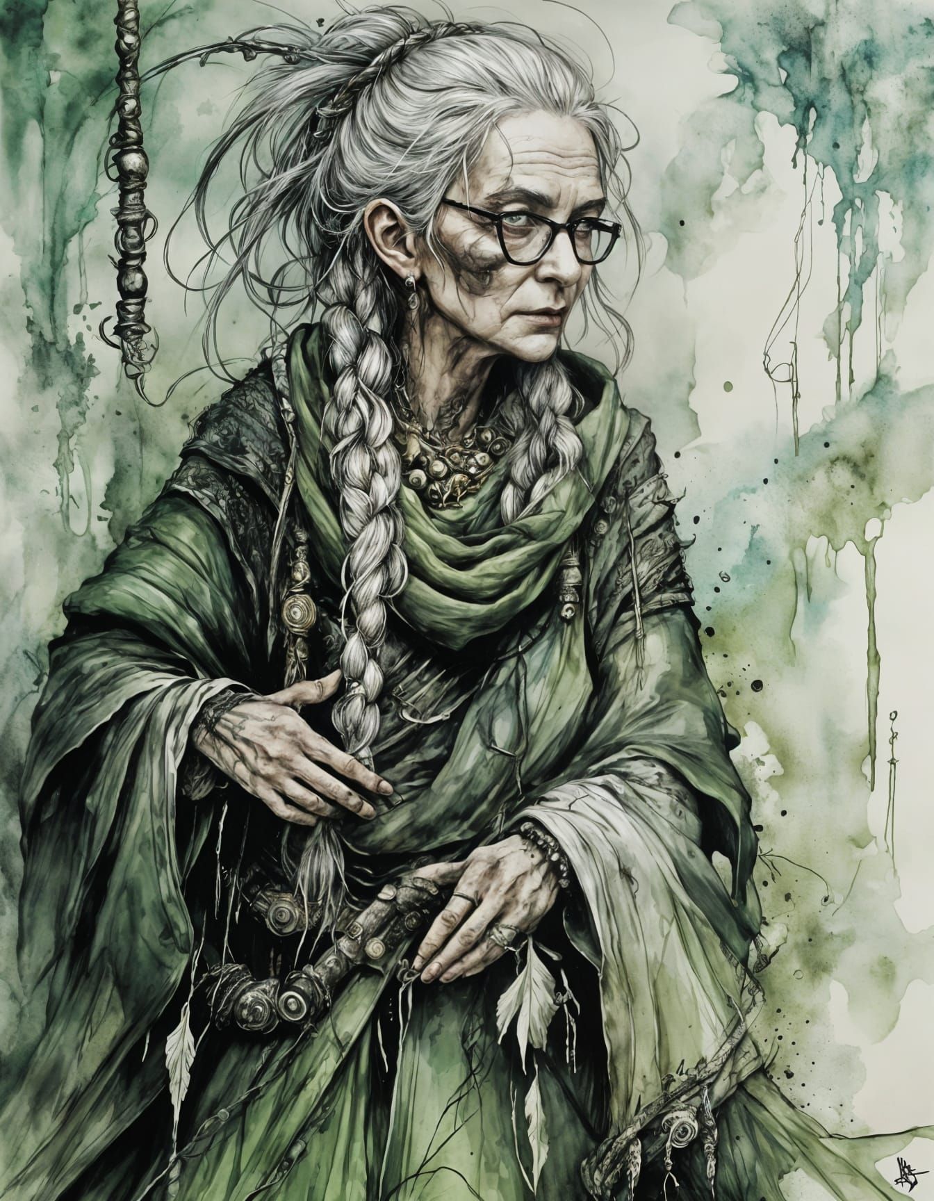 Forest Witch Portrait in D&D Style Ink Drawing