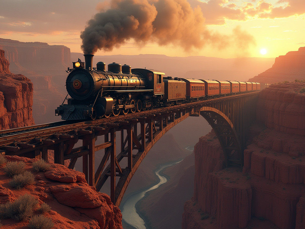 Steam Train Crossing Canyon in Industrial Futurism Style