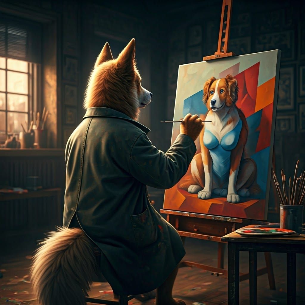 Cubist Canine Artist Studio Scene
