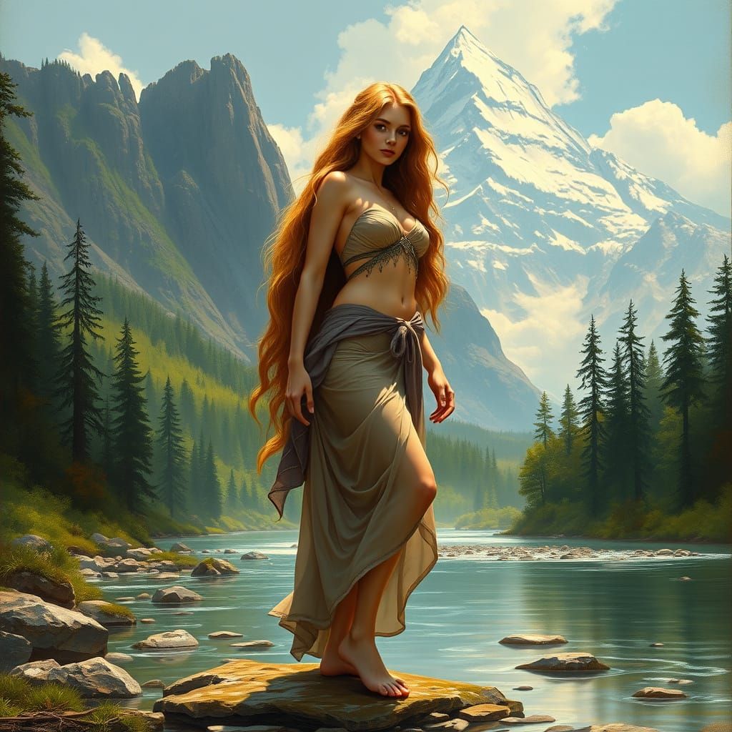Fantasy Goddess Near River in Frazetta Style