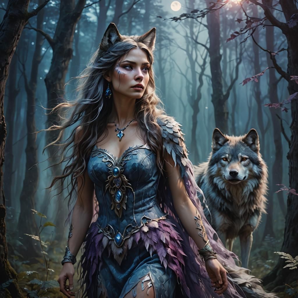 Wolf-Woman in Misty Forest: Fantasy Illustration