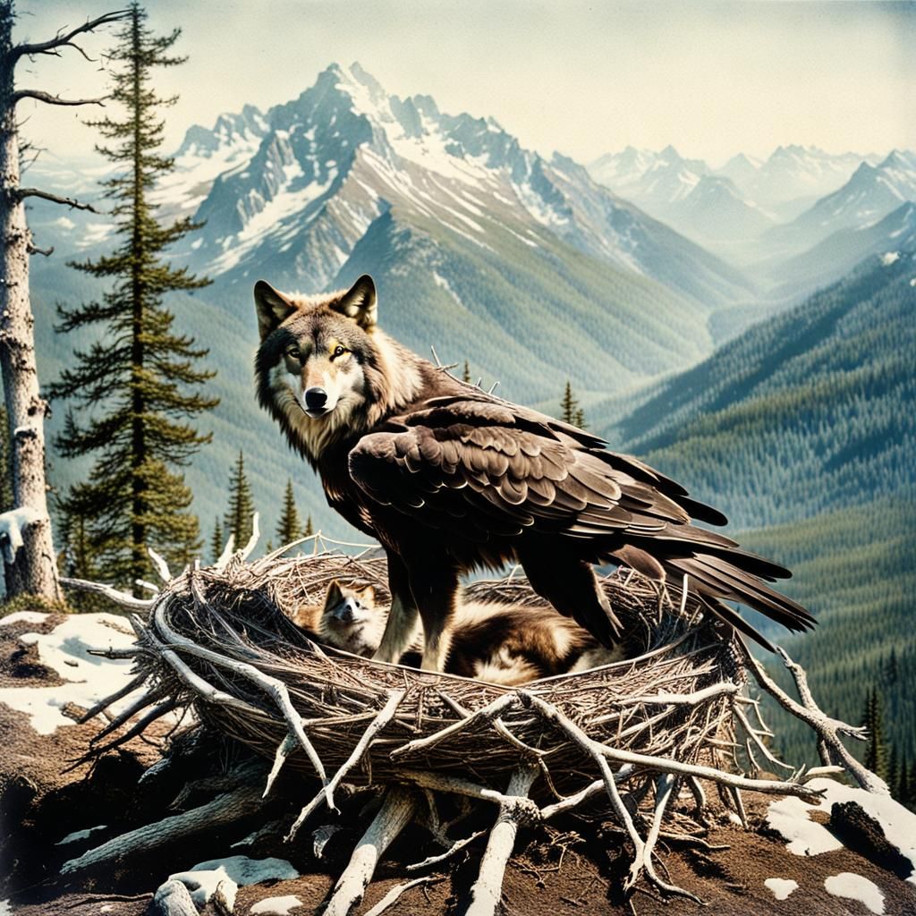 Hybrid Wolf-Eagle Nesting in the Mountains