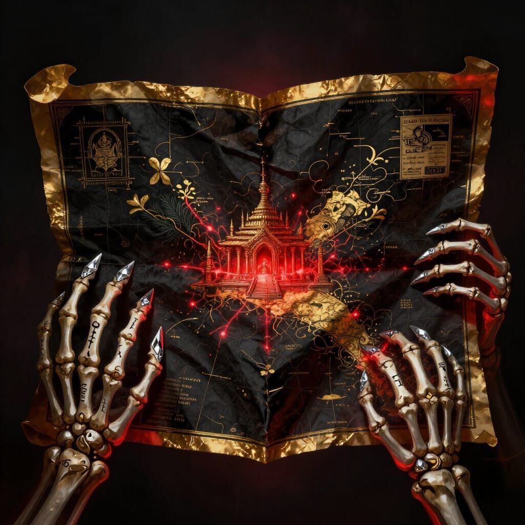 Skeleton Hands Grasping Cursed Gold Map