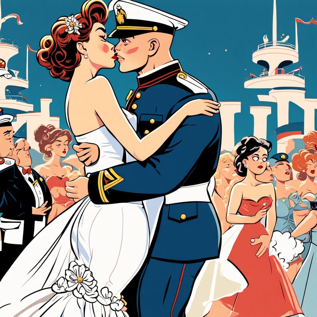 Cartoon Bride Kisses Marine in Retro Style
