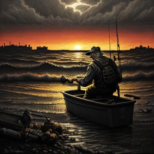Post-Apocalyptic Old Man Fishing at Sunrise