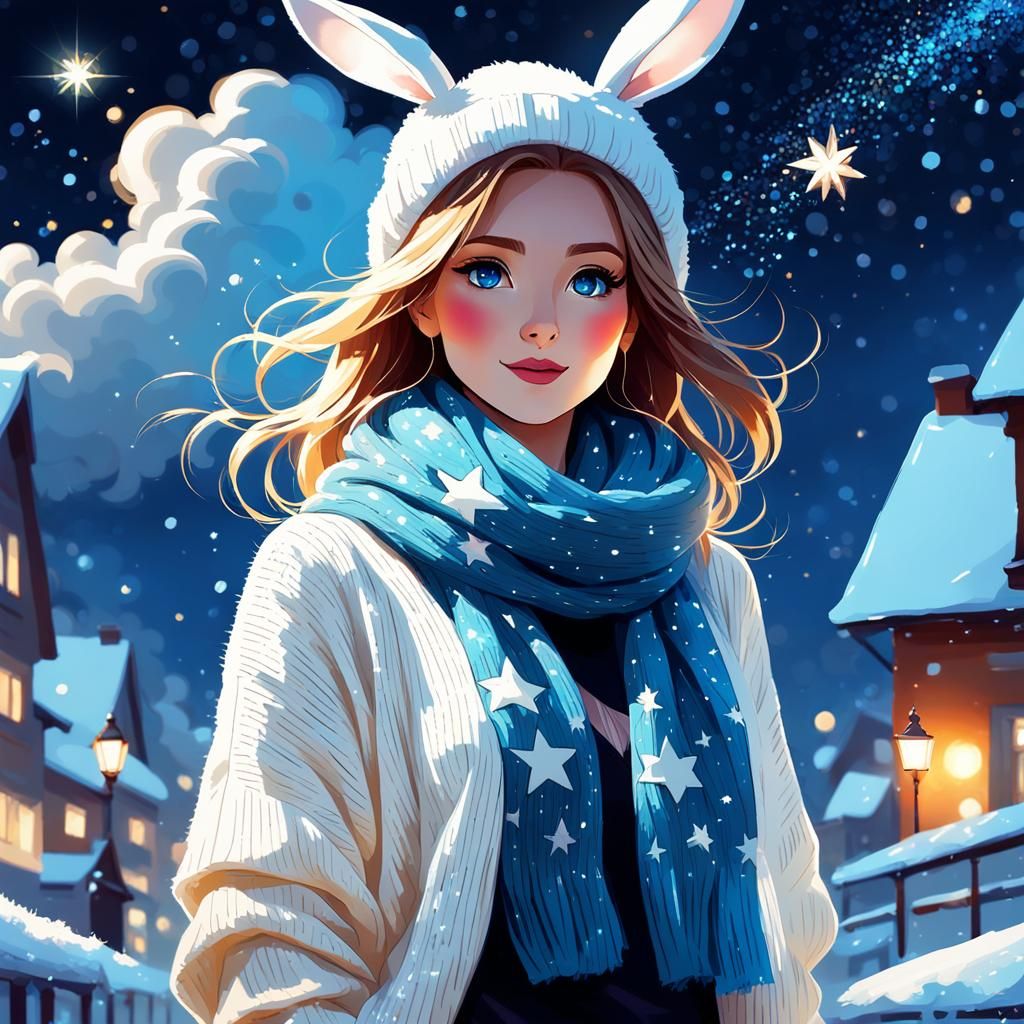Cozy Winter Night with Woman and Bunny