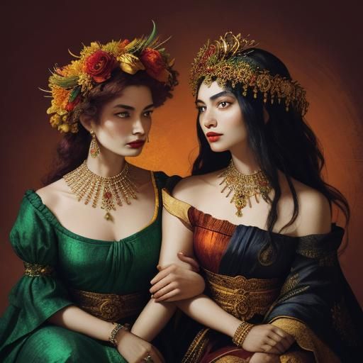Peacock Adorned Women in Baroque Style