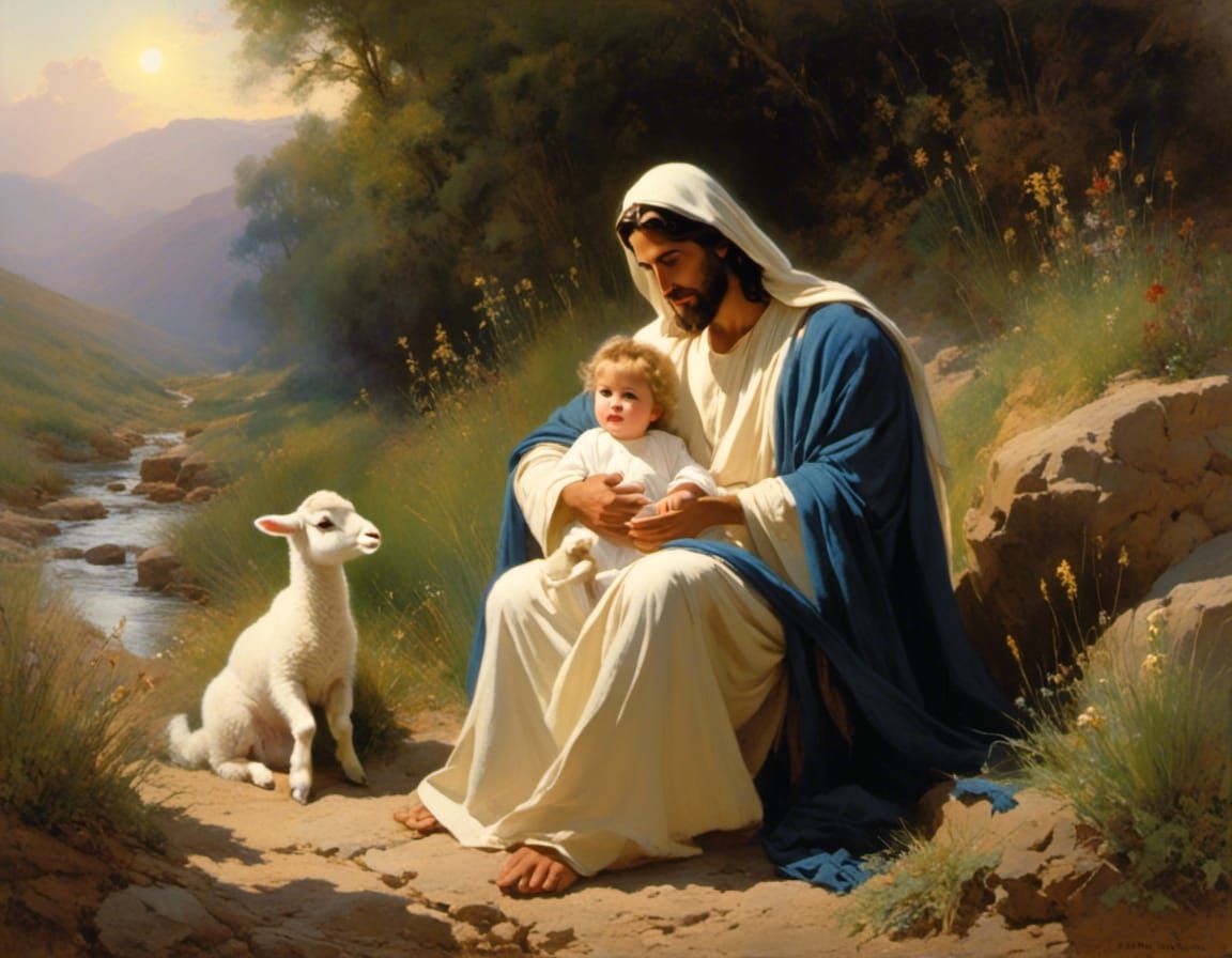 Jesus Christ With Lamb: Watercolor Portrait