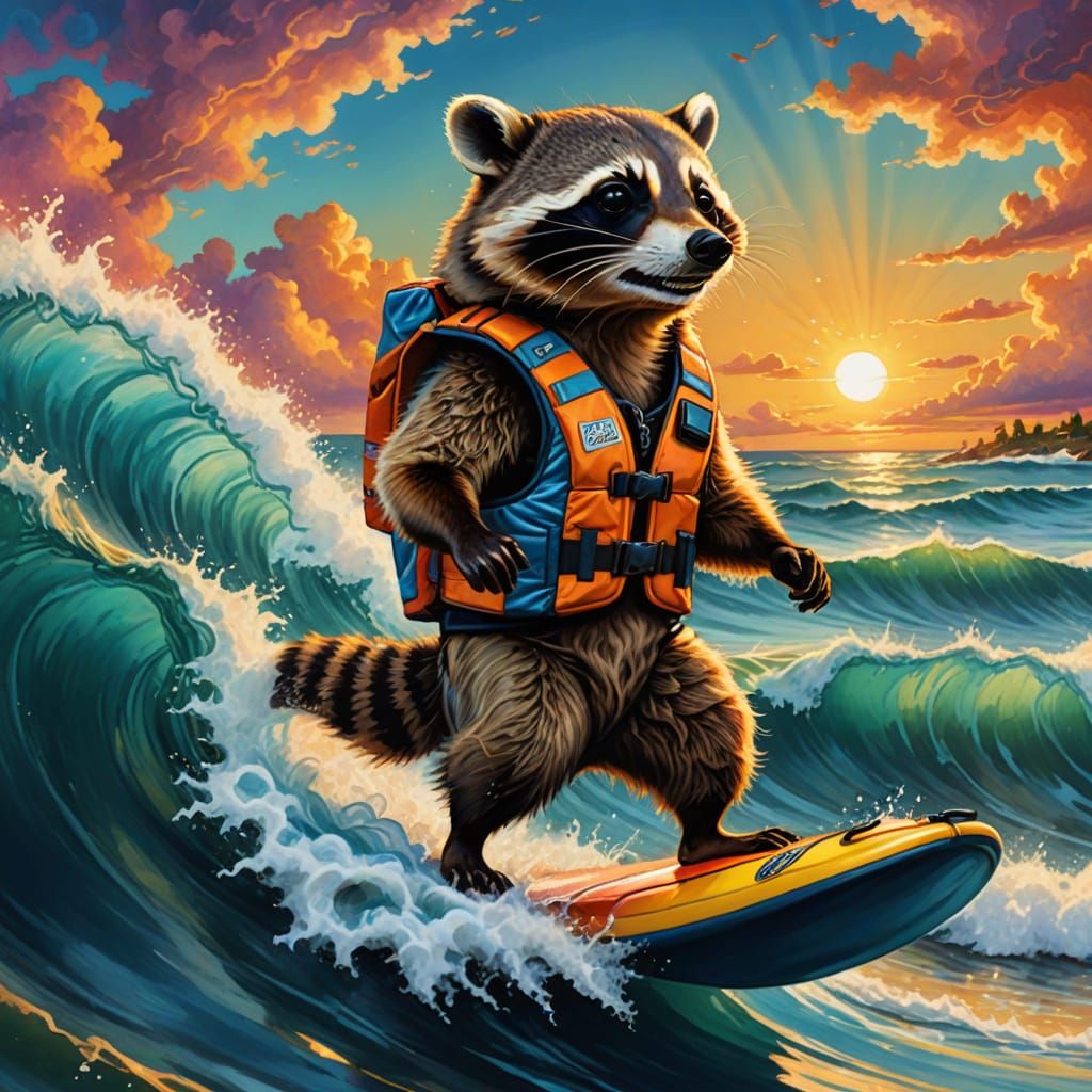 Raccoon Surfing a Wave in Alcohol Ink Style
