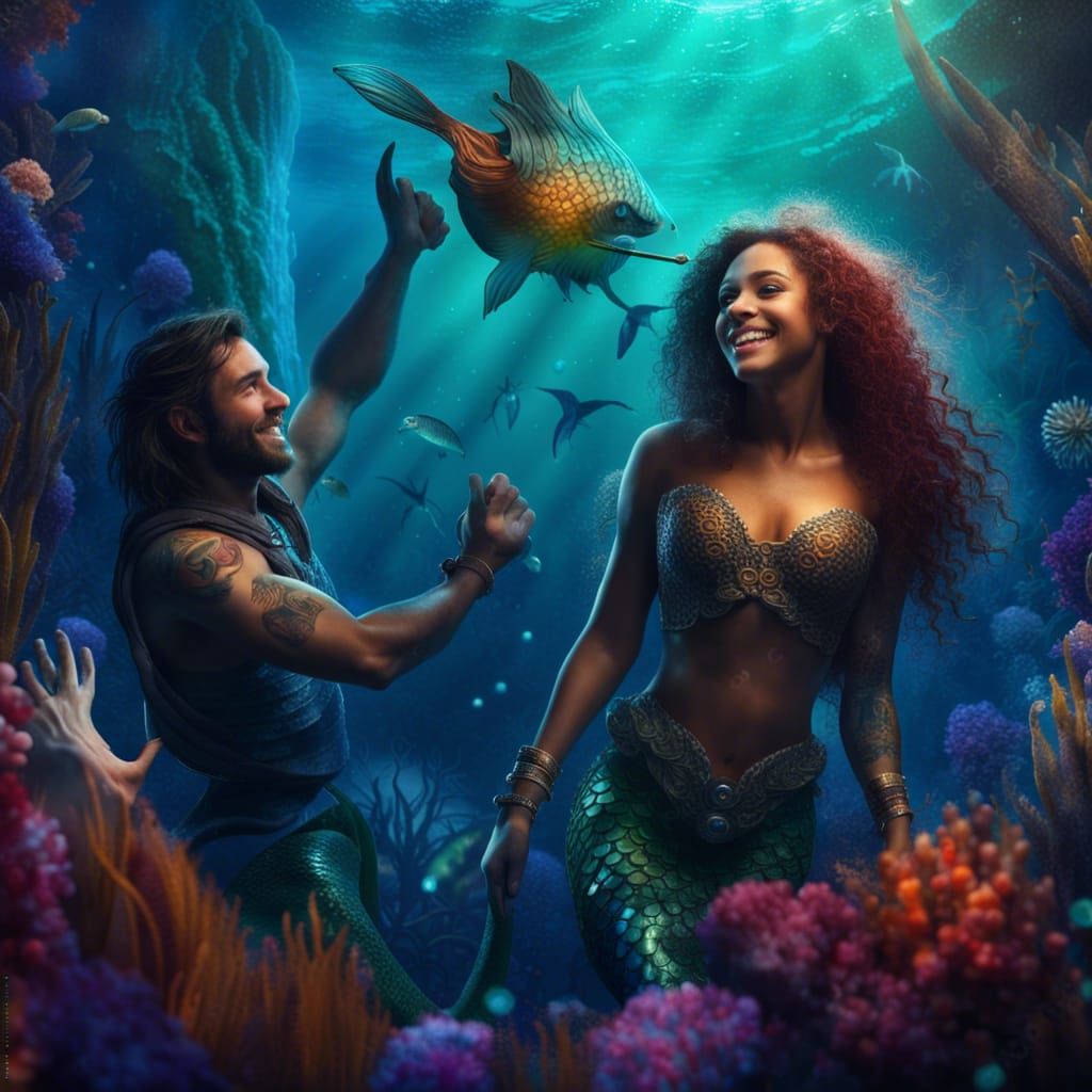 Underwater World: Mermaid and Man in Digital Painting