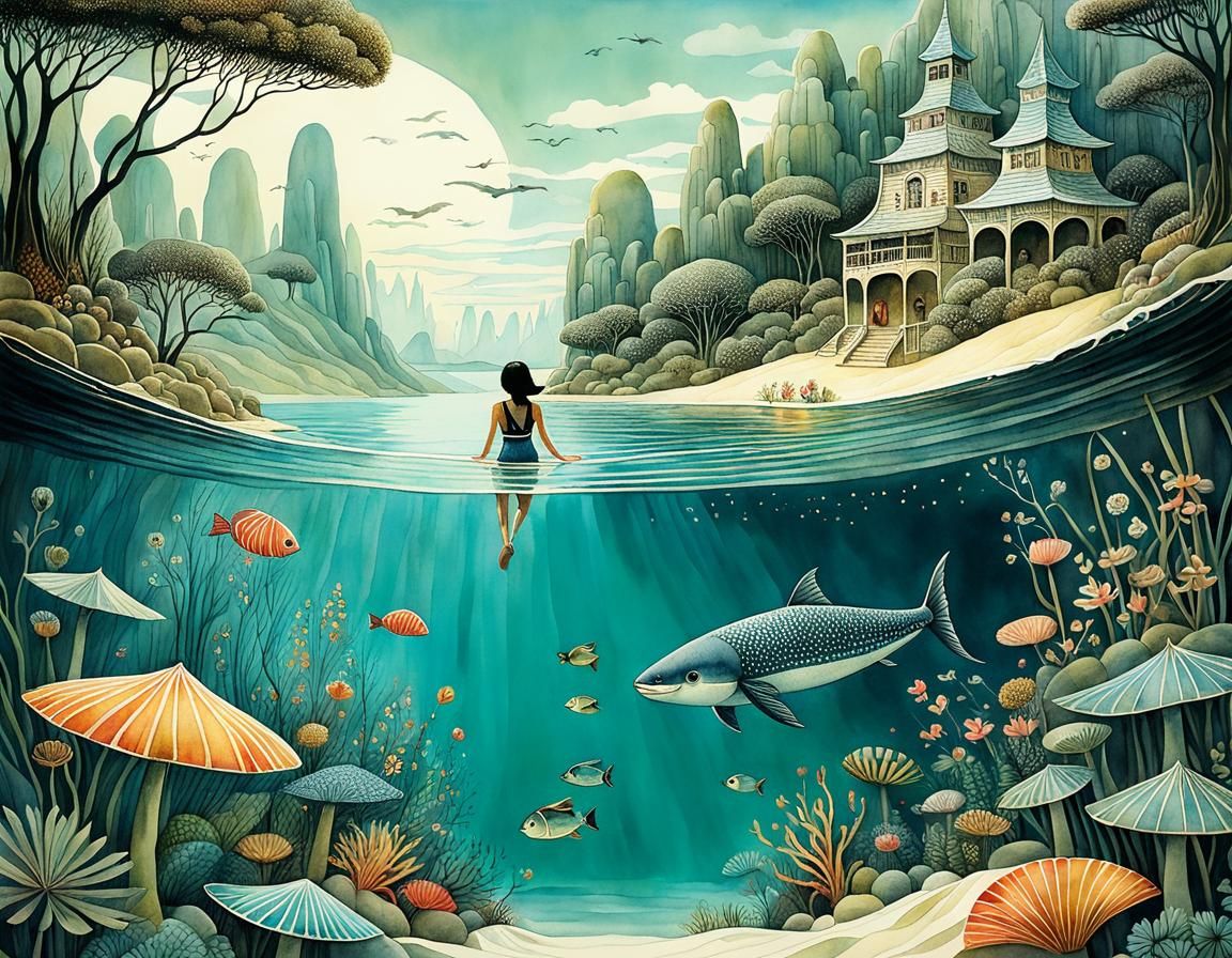 Whimsical Ink and Watercolor Swimming Illustration