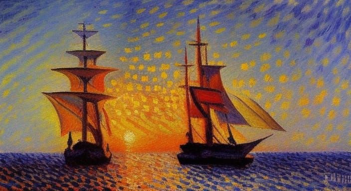 Sailing Ship at Sunset: An Impressionist Oil Painting