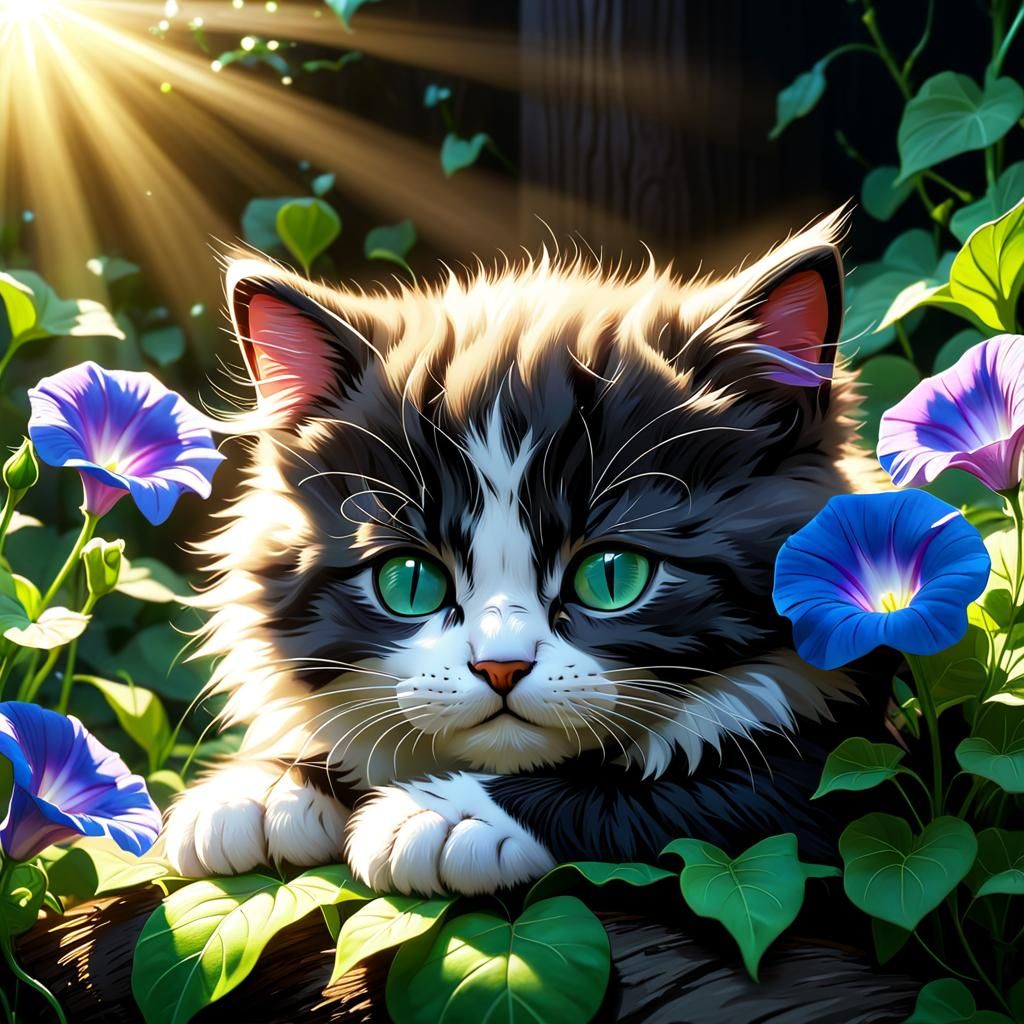 Cute Kitten Sleeping in Sunbeams with Flowers