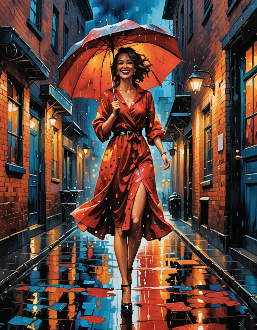 Alcohol ink watercolour splash art. A beautiful woman wearing a red pokadot  summer dress, holding an open black umbrell...