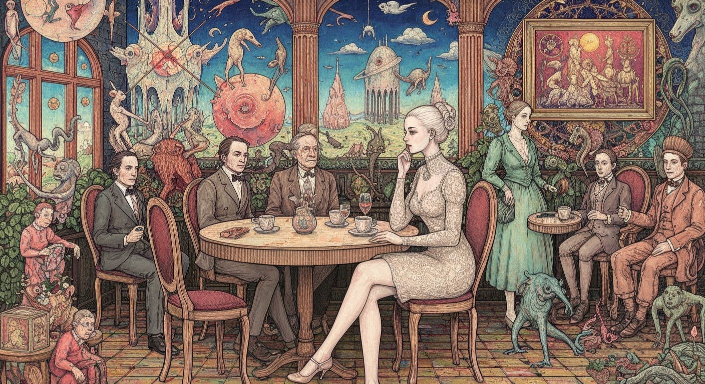 Surreal Cafe Scene with Woman in Lace Attire
