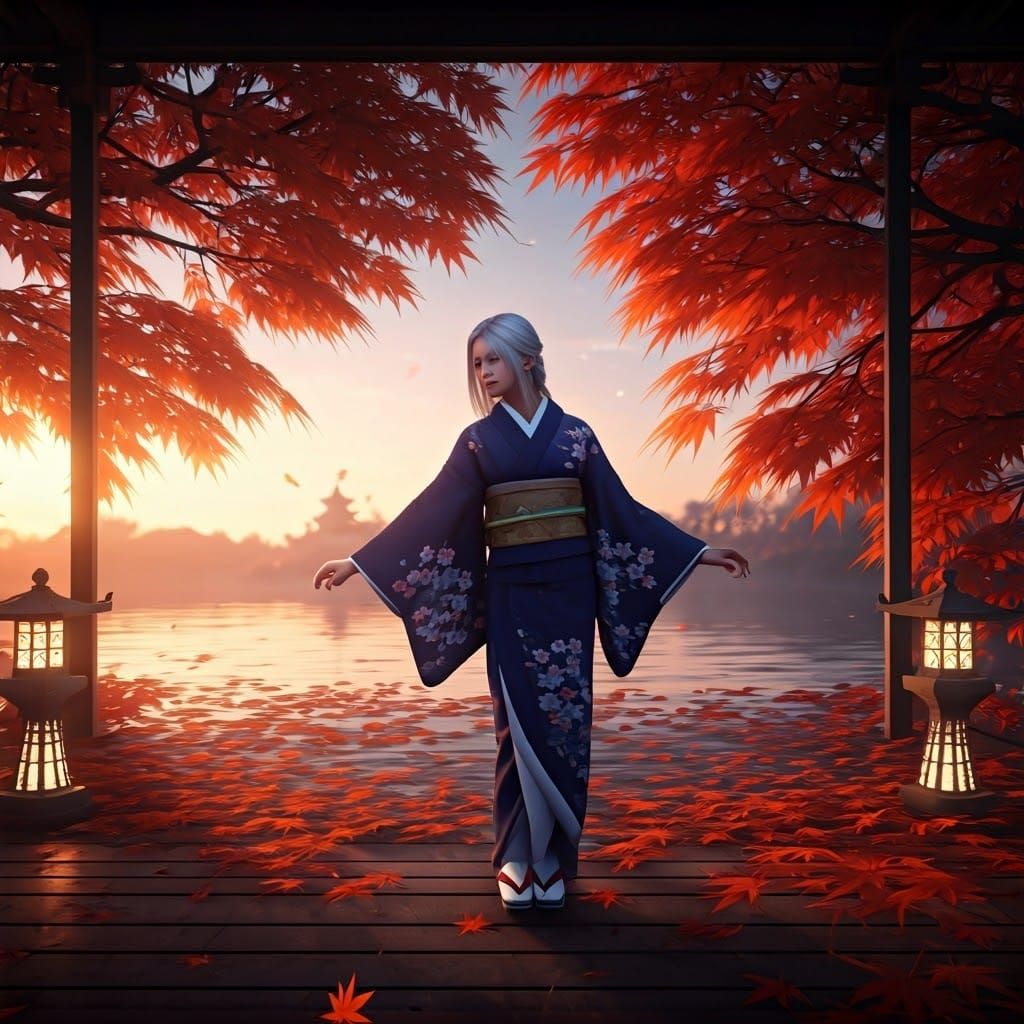Geisha Dancing in Temple Garden with Autumn Leaves