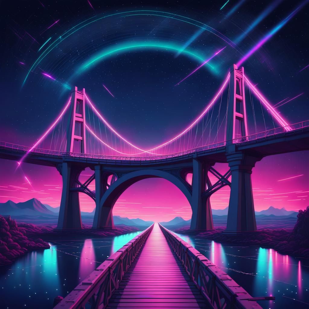 Cosmic Bridge to Another Dimension in Synthwave Style