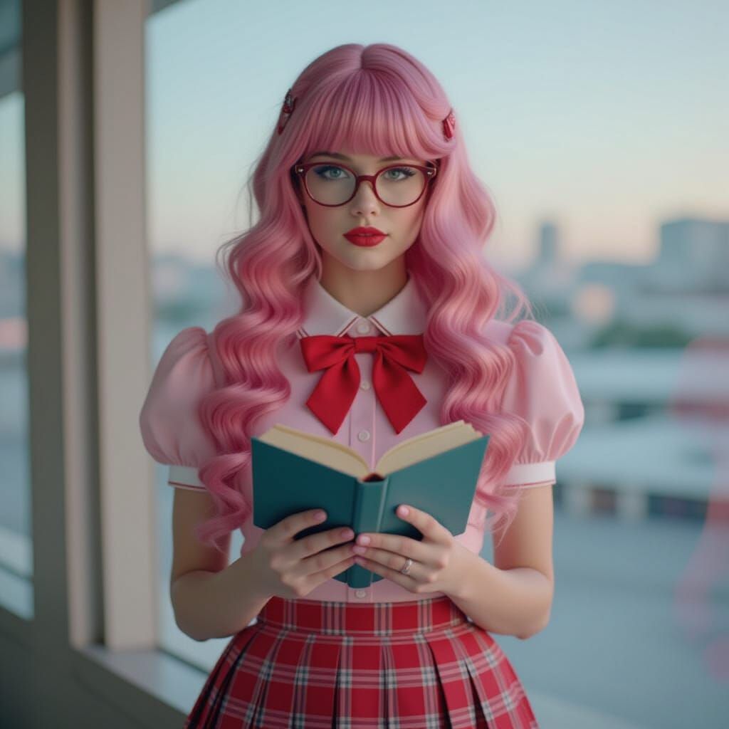 Nerdy Girl with Pink Hair and Book