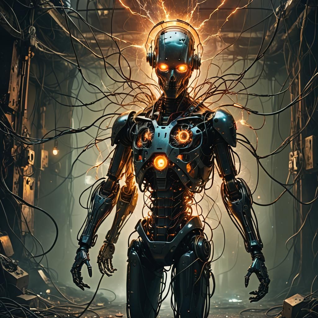 Cracked Android Spews Wires in Surreal Glitchcore Style