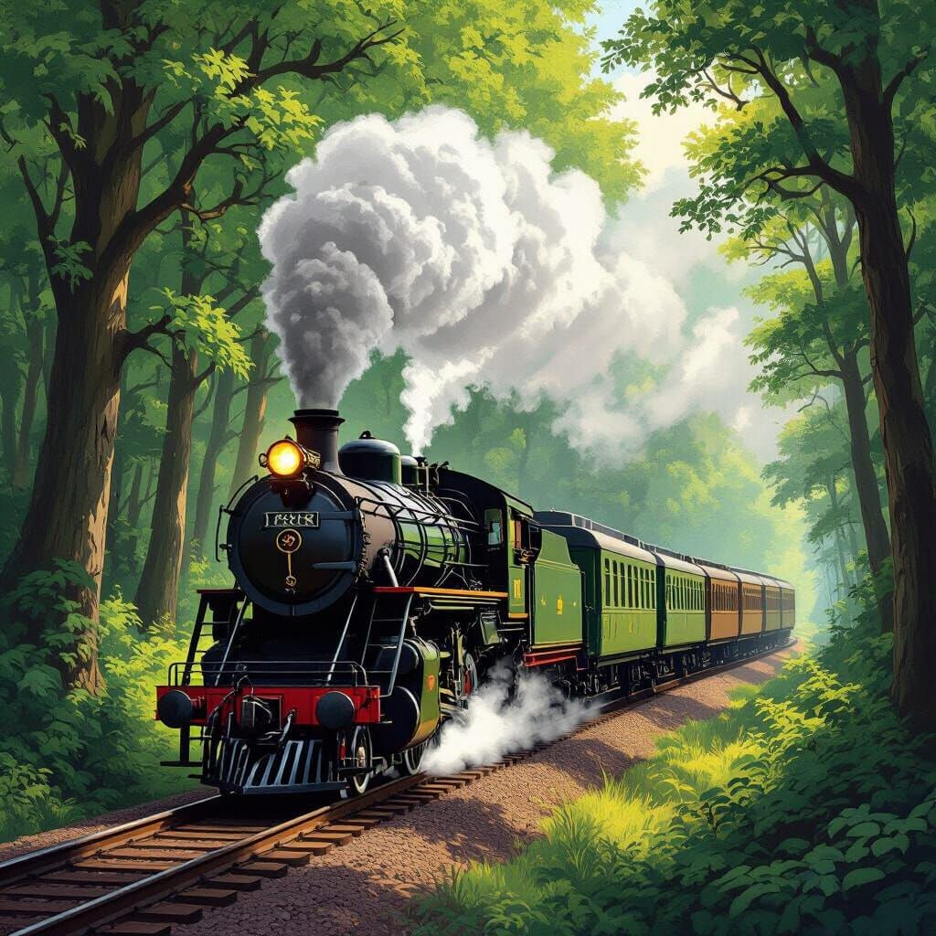 Vintage Steam Train in Lush Forest Landscape