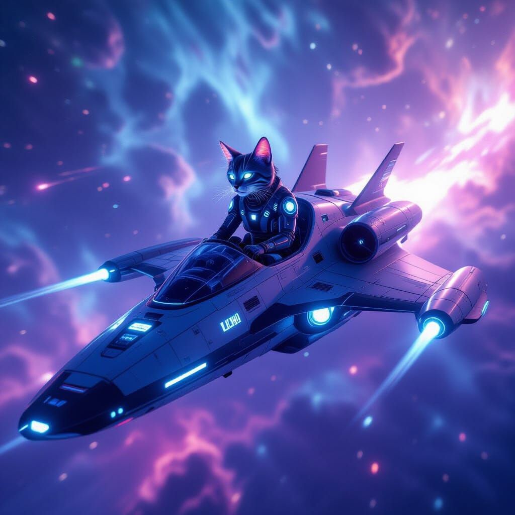 Feline Pilot Navigates Nebula in Sleek Spaceship