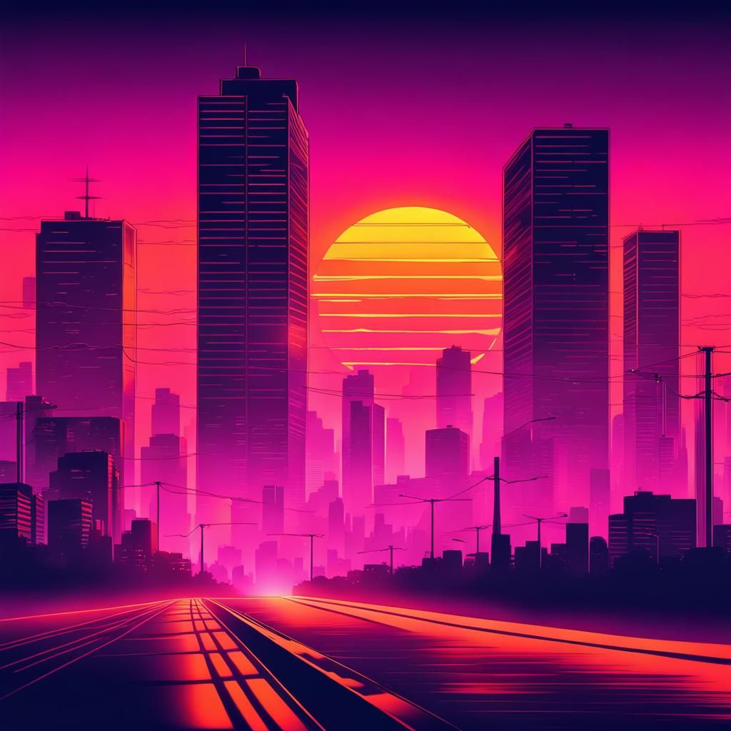 Synthwave Sunset Over Cityscape in Neon Retro Style