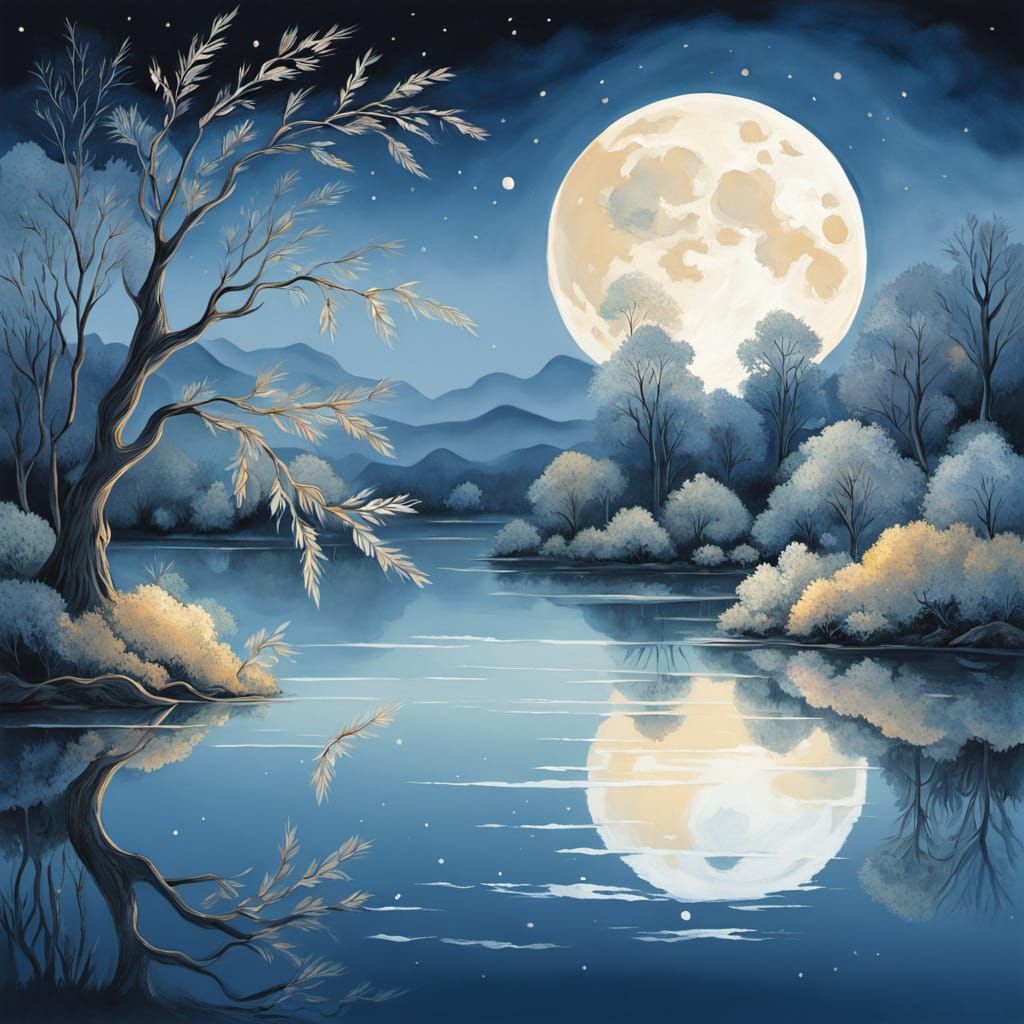 Dreamy Moonlit Scene with Gentle Waterfall