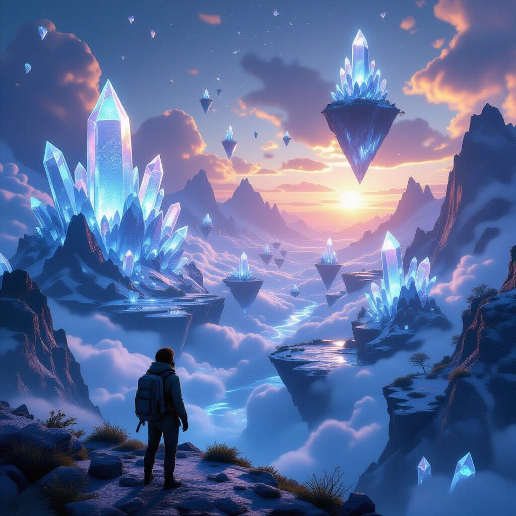 Surreal Crystal Landscape with Explorer