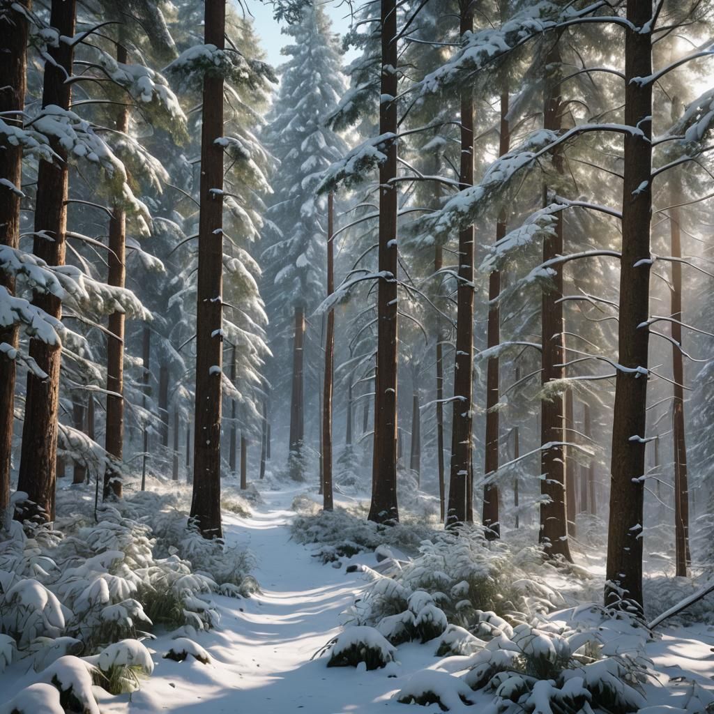 Snowy American Forest in Hyperrealistic Style