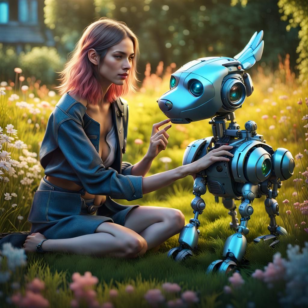Woman in Garden with Robot Dog in Hyper-Realistic Style