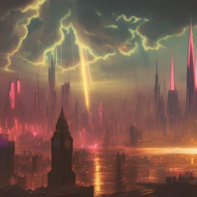 Cyberpunk Westminster Skyline in Ethereal Light