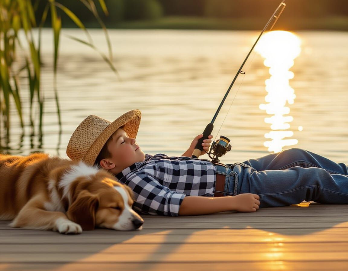 Adorable Country Boy Sleeps Fishing in Golden Morning Light