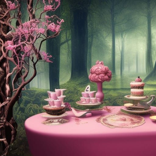 Enchanted Tea Party in Dark Forest, Detailed Matte Painting