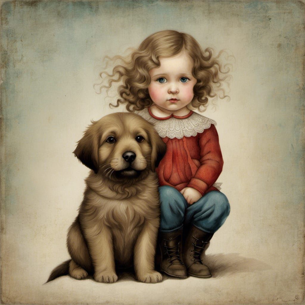 Toddler Siblings with Dog: Intricate Detailed Artwork