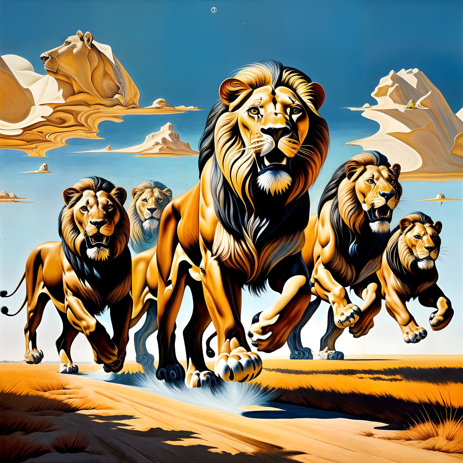 Surrealist Lions Gallop Through Melting Savannah Landscape