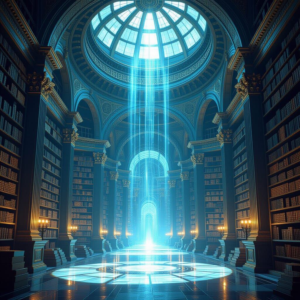 Ancient Ethereal Library with Holographic Shelves