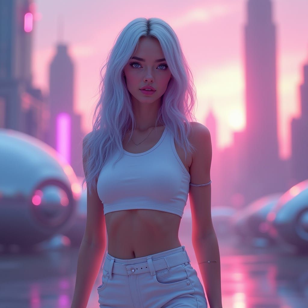 Futuristic Woman in Sci-Fi Cityscape at Sunset
