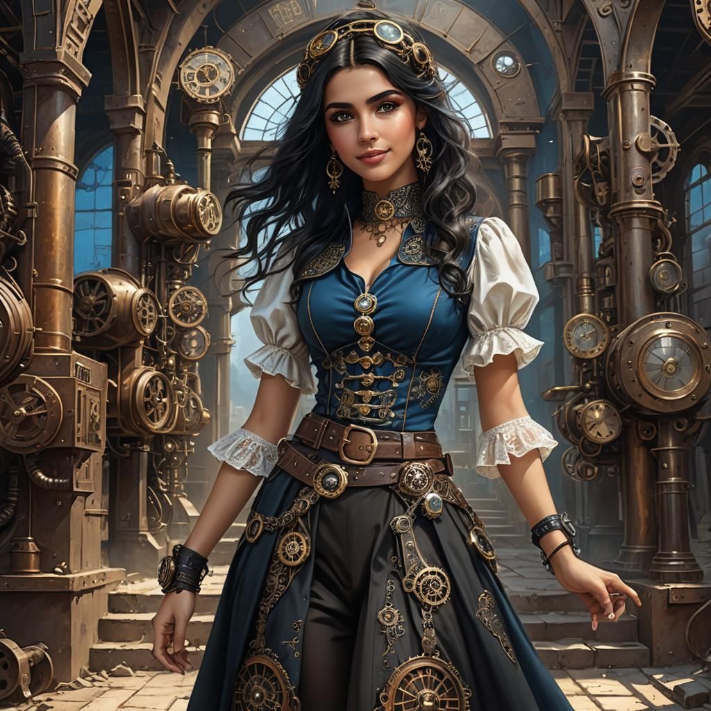 Steampunk Beauty on a Staircase with Birds