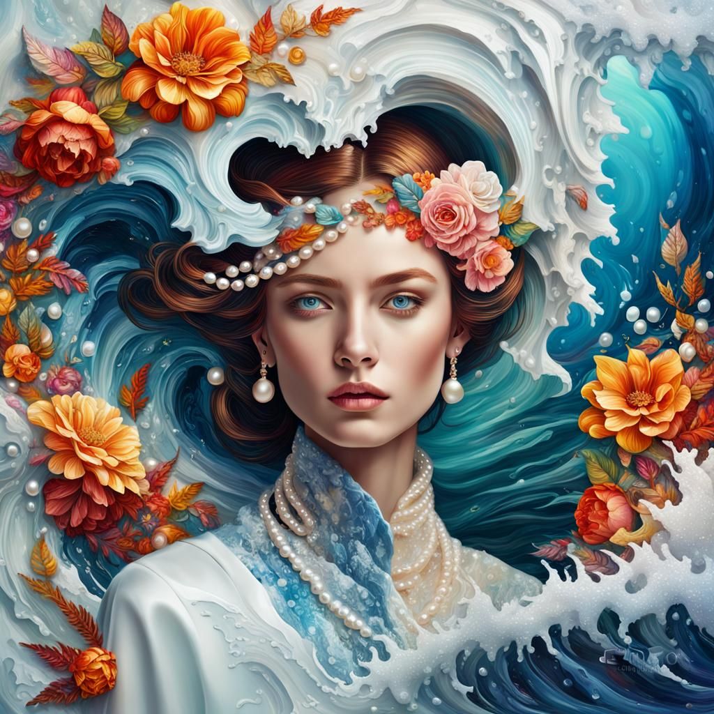 Autumn Fashion Portrait with Ocean Wave, Oil Painting Style