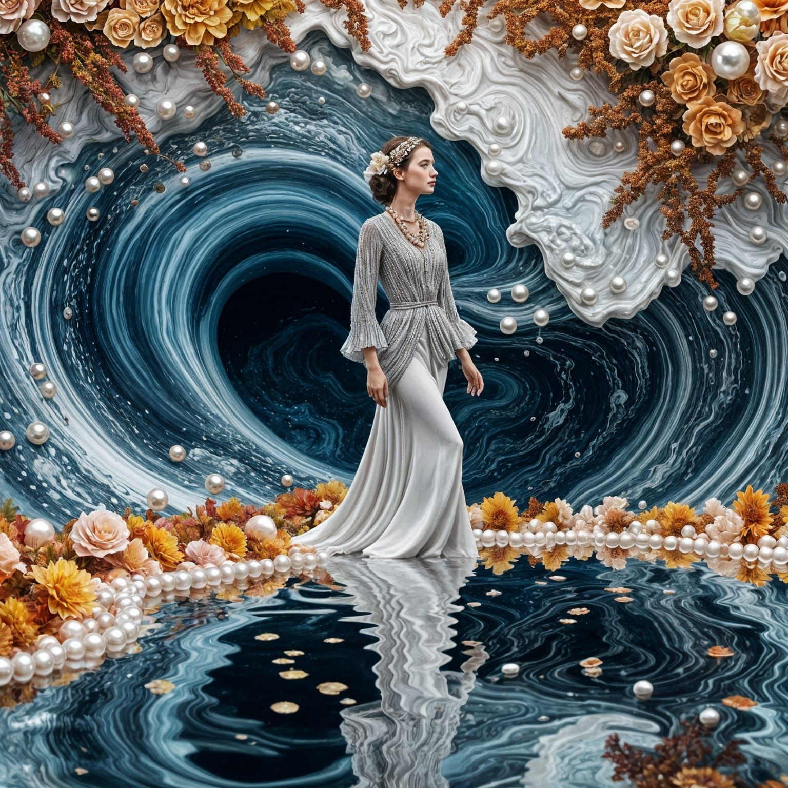 Autumn Portrait: Woman, Ocean Wave, Marble Panel, 3D Style