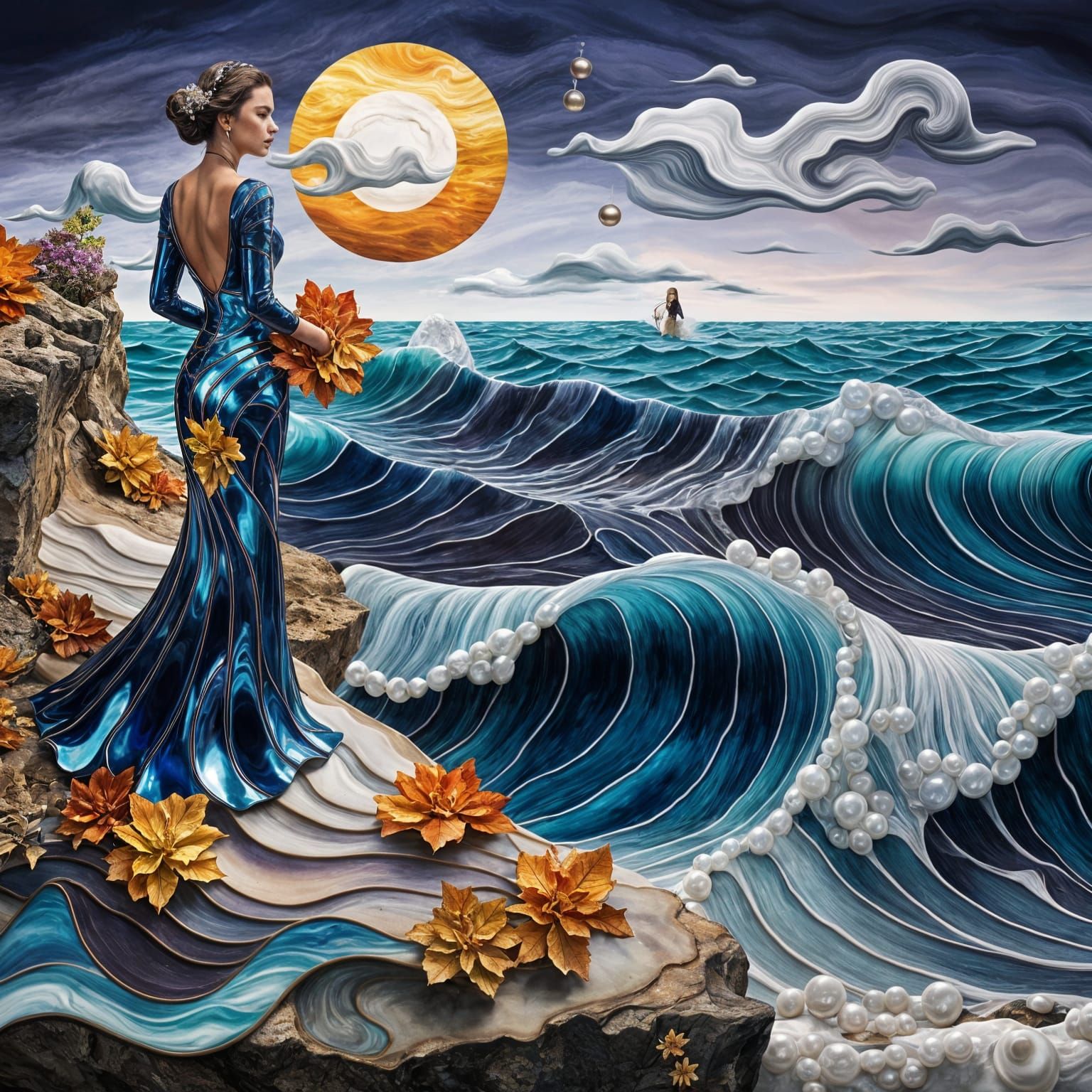 Surreal Autumn Fashion Portrait: Ocean Wave Rock Gloss