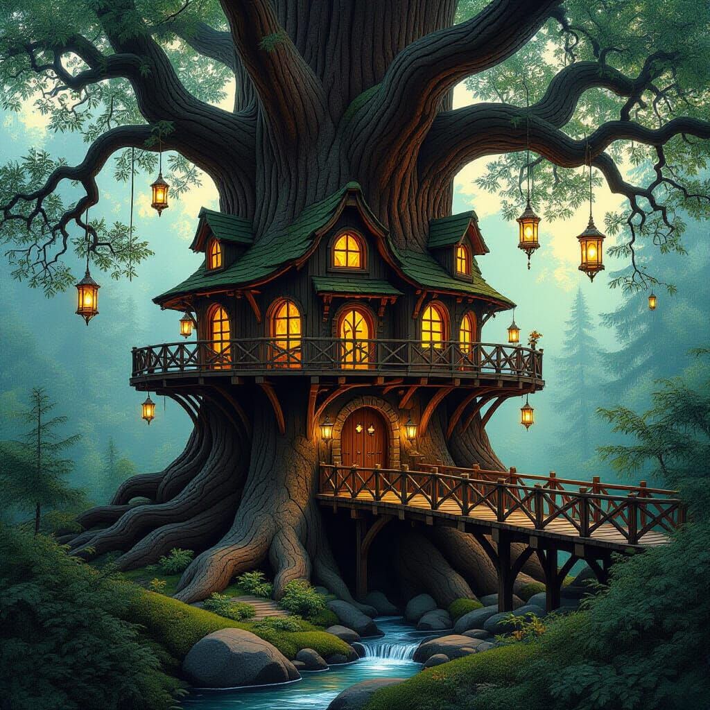 Ancient Sequoia Treehouse with Whimsical Bridges and Lantern...