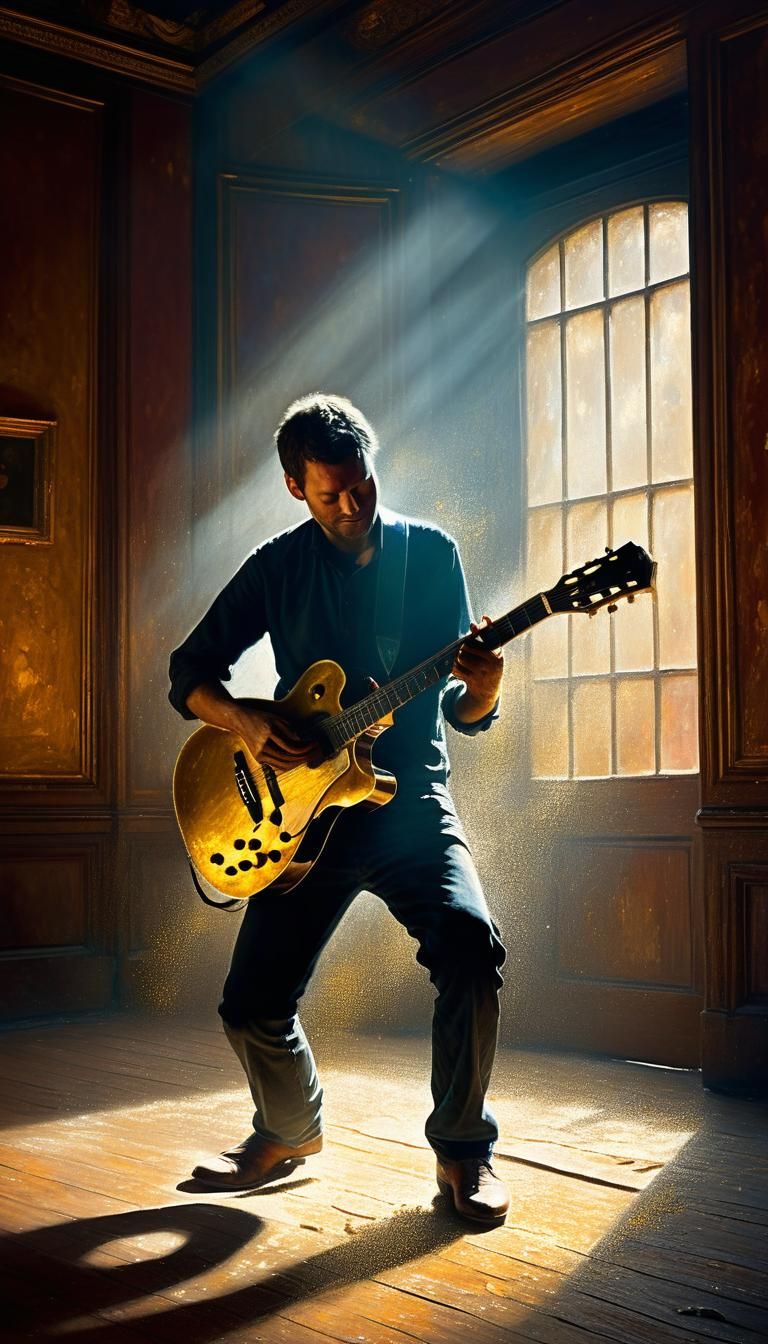 Guitarist in Golden Light: Oil Painting