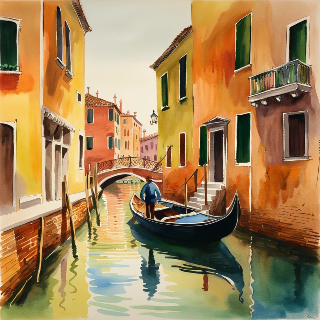 Venice Boatman in Watercolor Style Approaching Bridge