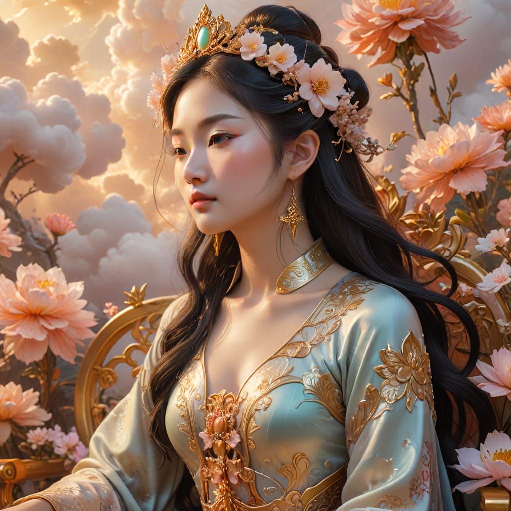 Ethereal Goddess on Throne in Flower-Filled Clouds, Art Nouv...