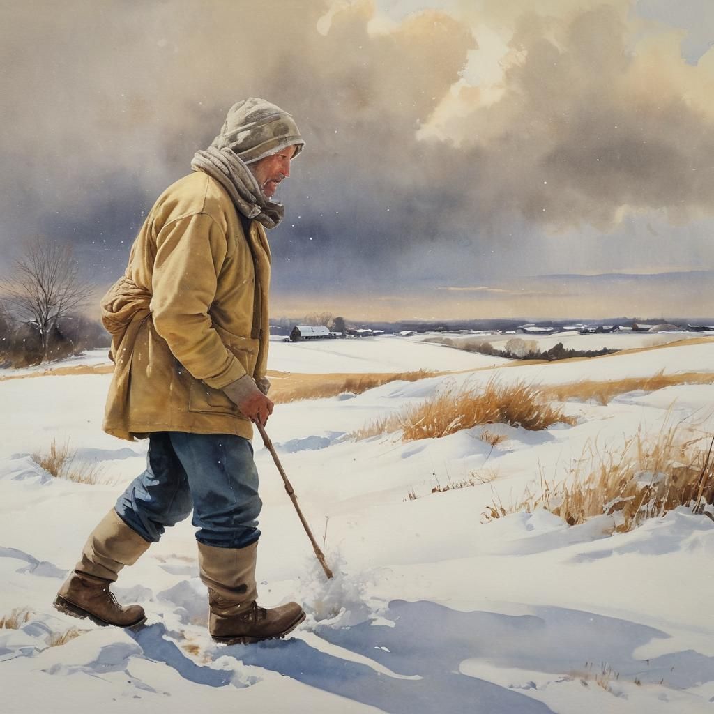 Farmer in Winter Blizzard, Watercolor Rural Landscape