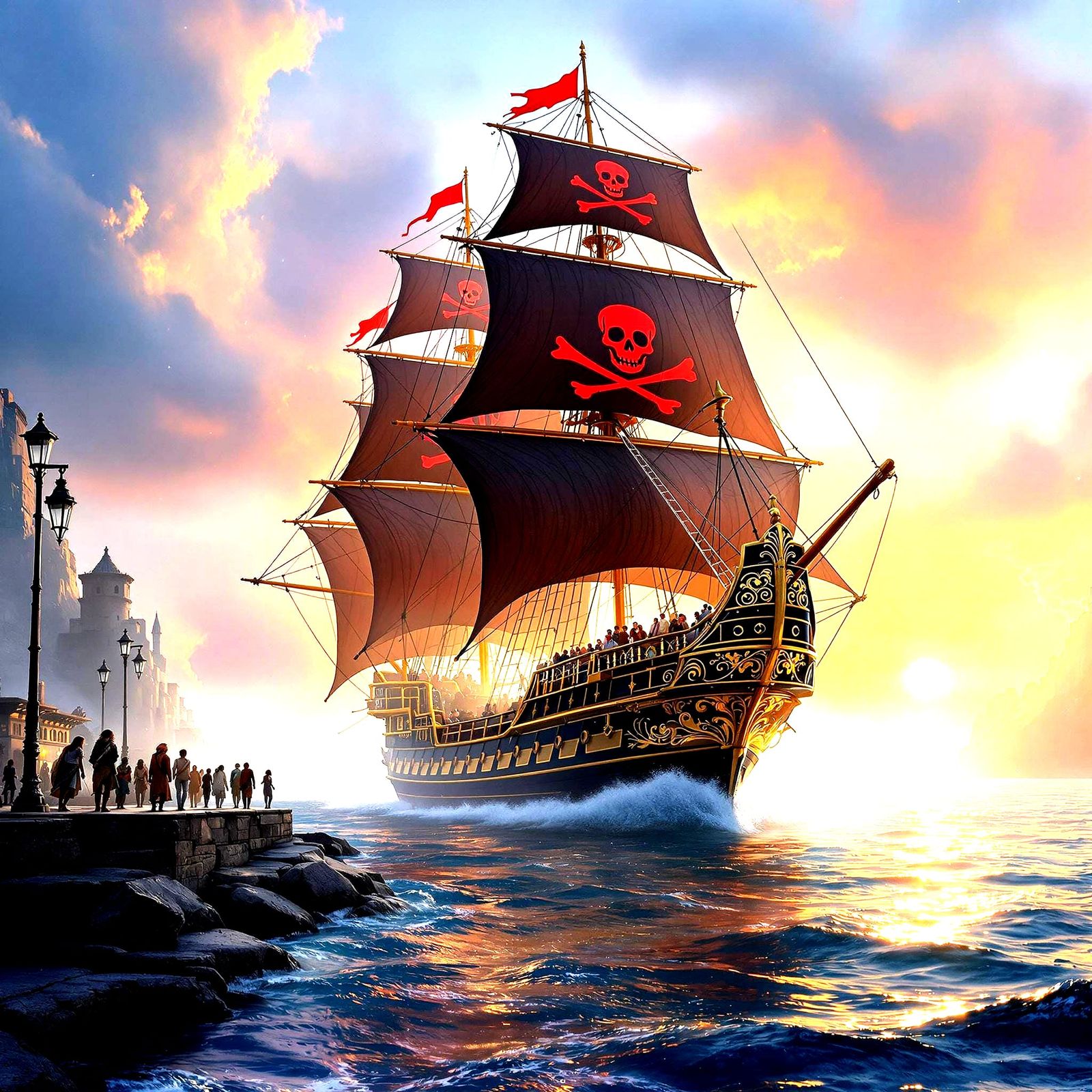 Mystical Pirate Ship on Dark Sea in 3D